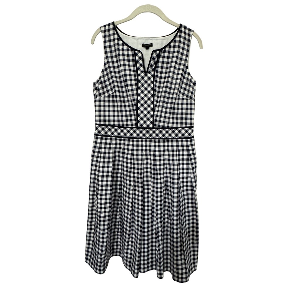 Talbots Dress 8P Navy White Gingham Fit & Flare Split Neck Sleeveless Pockets